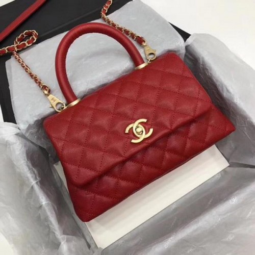 Chanel Classic Top Handle Bag Rood Cannage Patroon A92290 Goud
