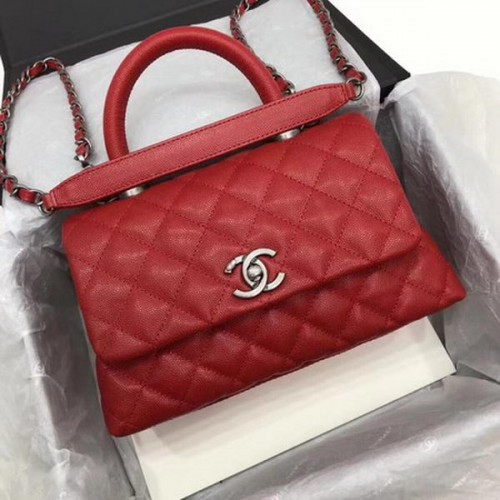 Chanel Classic Top Handle Bag Rood Cannage Patroon A92290 Zilver