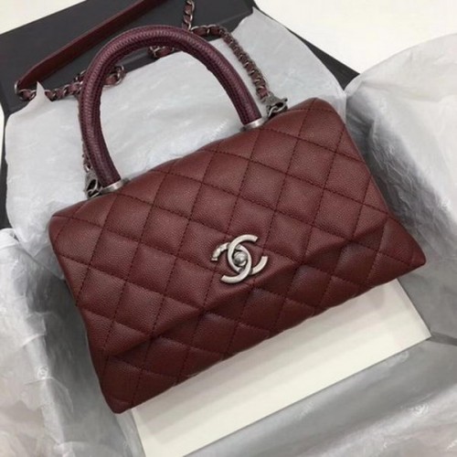 Chanel Classic Top Handle Bag Wijn Cannage Patroon A92290 Zilver