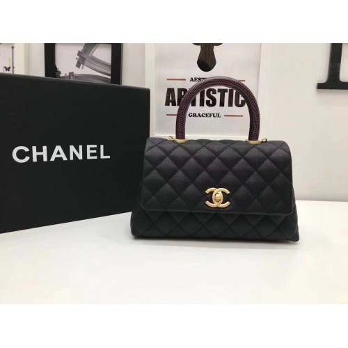 Chanel Classic Top Handle Bag zwart Cannage Patroon A92290 Goud