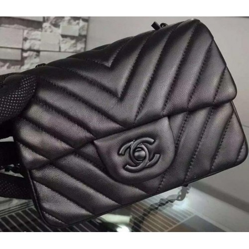 Chanel Classic mini Flap Bag Zwart Chevron Schapenvacht Leer A68748 Zwart