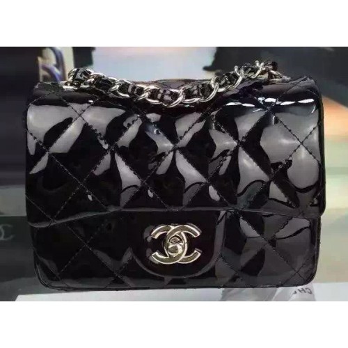 Chanel Classic mini Flap Bag Zwart Origineel Lakleer CF7171 Zilver
