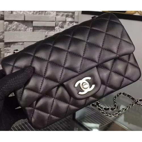 Chanel Classic mini Flap Bag Zwart Schapenleer A67350 Zilver