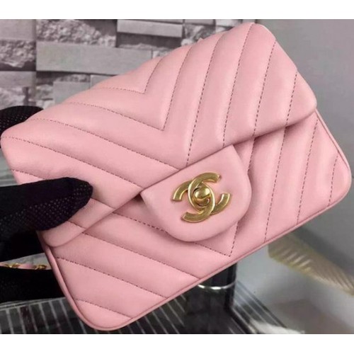 Chanel Classic mini Flap Bag Chevron Schapenvacht Leer A68748 Roze