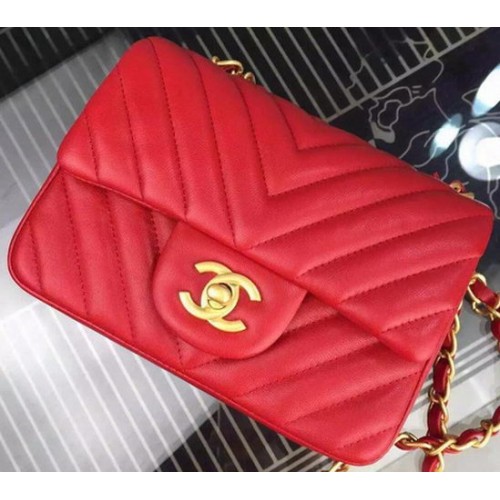 Chanel Classic mini Flap Bag Chevron Schapenvacht Leer A68748 Rood