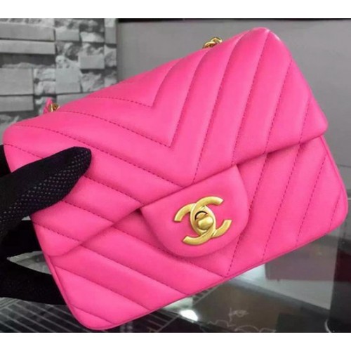 Chanel Classic mini Flap Bag Chevron Schapenleer Leer A68748 Roze
