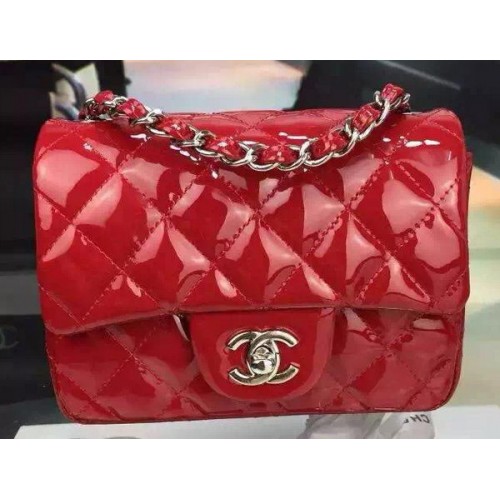 Chanel Classic mini Flap Bag Rood Origineel Lakleer CF7171 Zilver