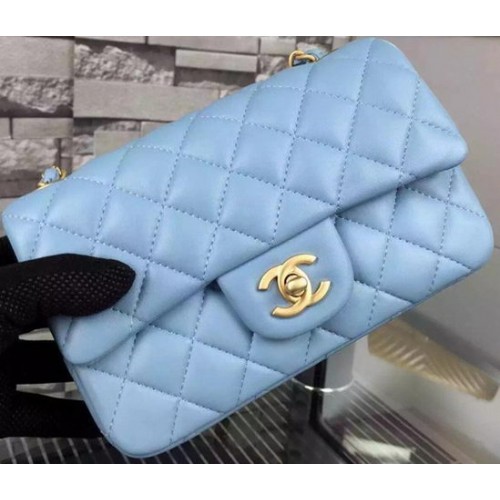 Chanel Classic mini Flap Bag SkyBlue Schapenleer A67350 Goud