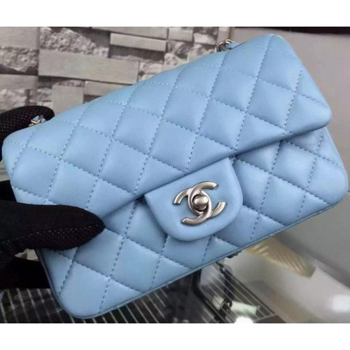 Chanel Classic mini Flap Bag SkyBlue Schapenleer A67350 Zilver