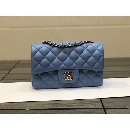 Chanel Classic mini Flap Originele Schapenvacht Leren Tas 1116 Blauw