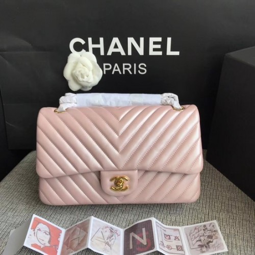 Chanel klassieke originele schapenvacht lederen schoudertas 1112V roze gouden ketting