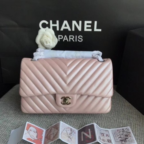 Chanel klassieke originele schapenvacht lederen schoudertas 1112V roze zilveren ketting