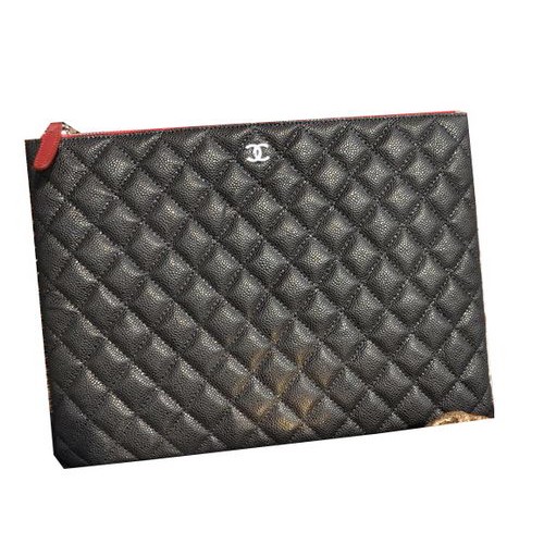 Chanel clutch zwart Cannage-patroon leer A82044 zilver