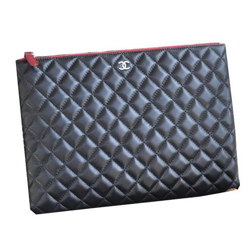 Chanel Clutch Bag Zwart Schapenleer A82044 Zilver