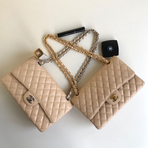 Chanel Double Flaps Bags Abrikoos Origineel Kaviaar Leer A1112 Goud of Zilver
