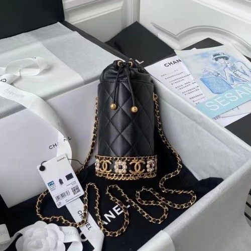 Chanel Drawstring Bag Lamsleer Goud Metaal AP2257 zwart