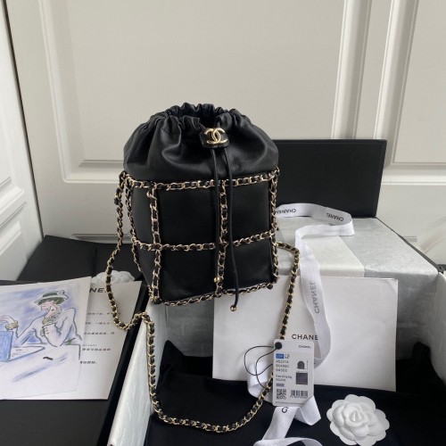 Chanel Drawstring Bag Lamsleer Goud Metaal AS2314 AS2313 Zwart