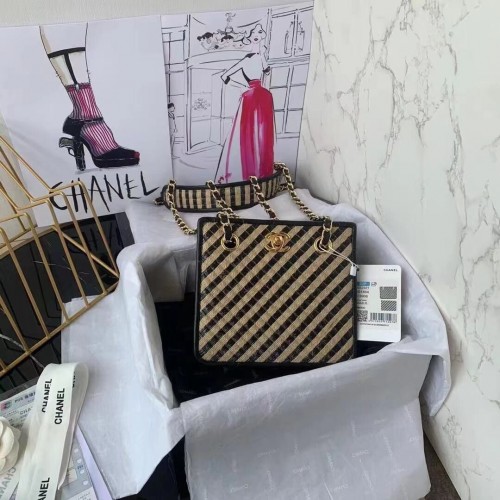 Chanel Drawstring Bag Raffia Jute Draad Goudkleurig Metaal Zwart Beige AS2421