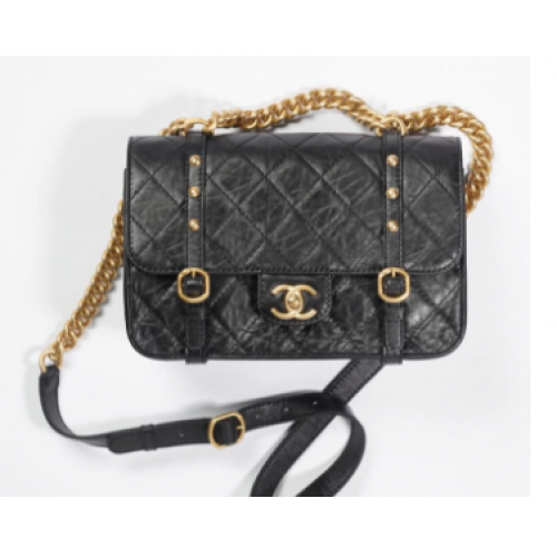 Chanel FLAP BAG Verouderd kalfsleer goudkleurig metaal AS2696 zwart