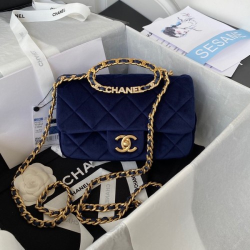 Chanel FLAP BAG Fluweel Goudkleurig Metaal AS3451 blauw