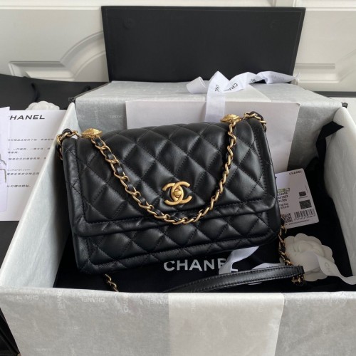 Chanel Flap Bag Schapenvacht Goudkleurig Metaal AP1737 Zwart