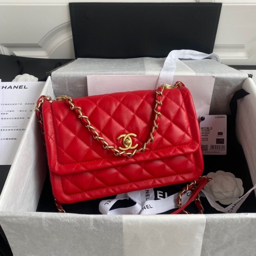 Chanel Flap Bag Schapenvacht Goudkleurig Metaal AP1737 Rood