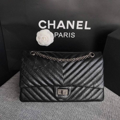 Chanel Flap Original Cowhide Leather 30225 zwart Zilveren ketting