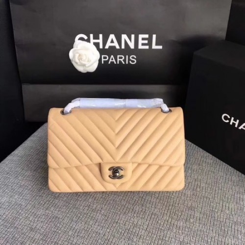 Chanel Flap Schoudertas Abrikoos Origineel Schapenleer CF1112V Zilver