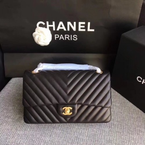 Chanel Flap Schoudertas Zwart Origineel Schapenleer CF1112V Goud