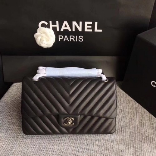 Chanel Flap Schoudertas Zwart Origineel Schapenleer CF1112V Zilver