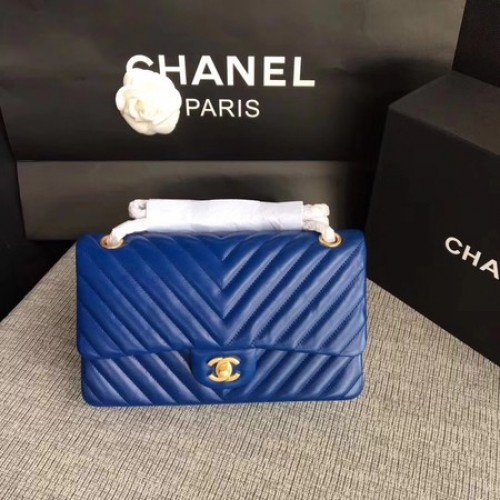 Chanel Flap Schoudertas Blauw Origineel Schapenleer CF1112V Goud