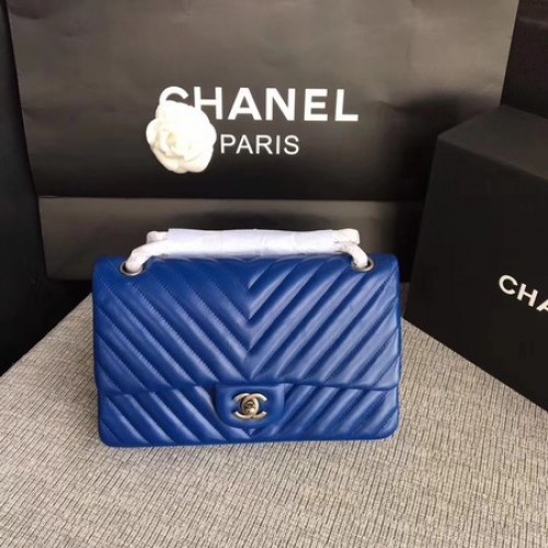 Chanel Flap Schoudertas Blauw Origineel Schapenleer CF1112V Zilver