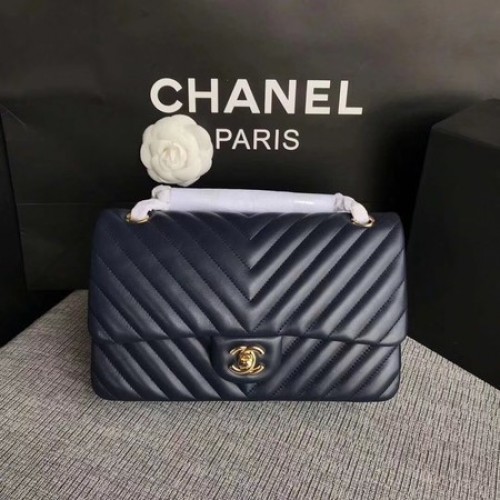 Chanel Flap Schoudertas Donkerblauw Origineel Schapenleer CF1112V Goud