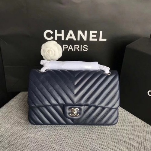 Chanel Flap Schoudertas Donkerblauw Origineel Schapenleer CF1112V Zilver