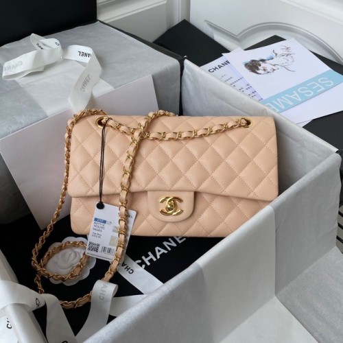 Chanel Flap schoudertas generfd kalfsleer A01112 goudkleurig metaal abrikoos