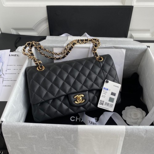 Chanel Flap schoudertas generfd kaviaarleer A01112 goudkleurig metaal zwart