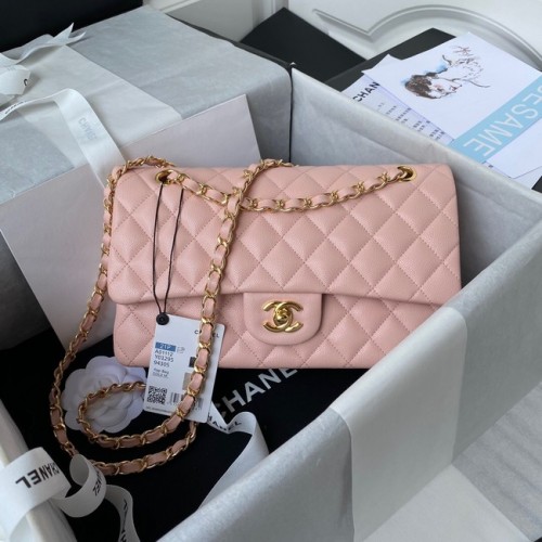 Chanel Flap schoudertas generfd kalfsleer A01112 goudkleurig metaal roze