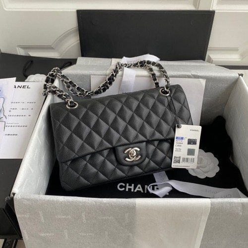 Chanel Flap schoudertas generfd kalfsleer A01112 zilverkleurig metaal zwart