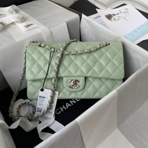 Chanel Flap schoudertas generfd kalfsleer A01112 zilverkleurig metaal groen