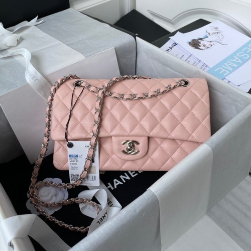 Chanel Flap schoudertas generfd kalfsleer A01112 zilverkleurig metaal roze