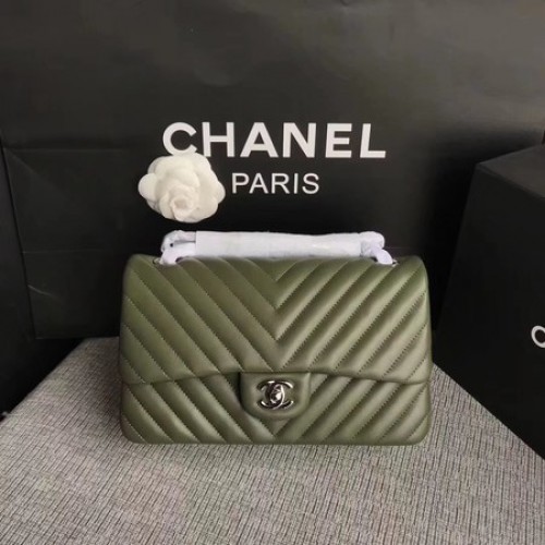 Chanel Flap Schoudertas Groen Origineel Schapenleer CF1112V Zilver
