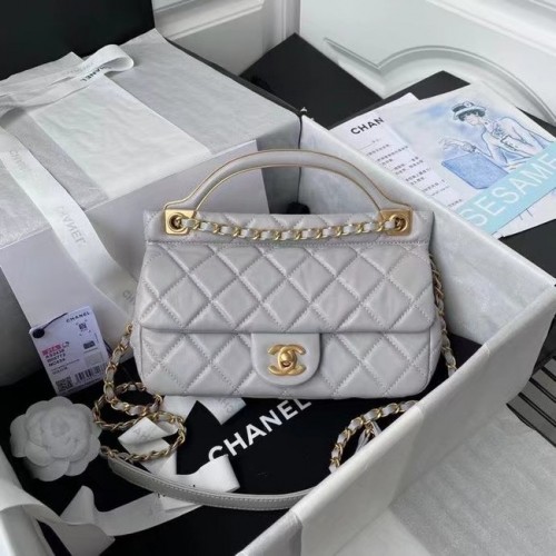 Chanel Flap Schoudertas Origineel leer AS2438 grijs