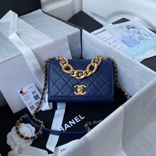 Chanel Flap Schoudertas Origineel leer AS2638 blauw