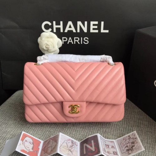 Chanel Flap Schoudertas Originele schapenvacht Leer 1112V Kers Roze gouden ketting