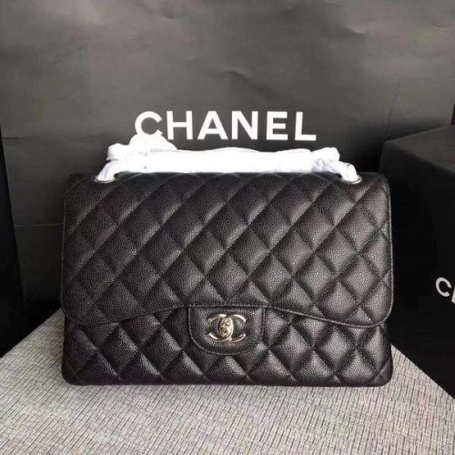 Chanel Flap Schoudertassen Zwart Origineel Kalfsleer CF1113 Zilver