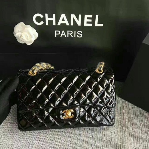 Chanel Flap Schoudertassen Zwart Origineel Lakleer CF1112 Goud