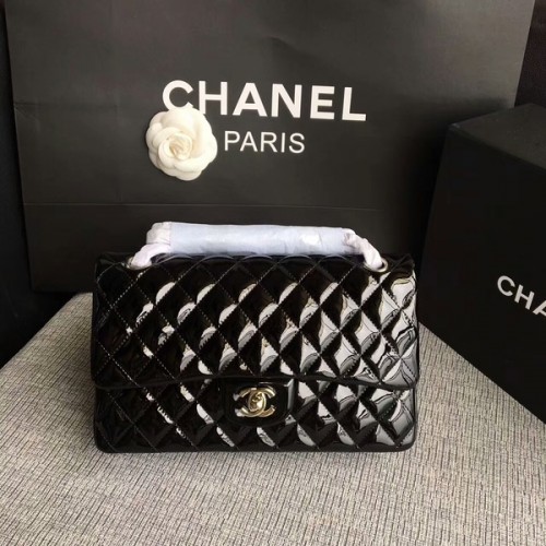 Chanel Flap Schoudertassen Zwart Origineel Lakleer CF1112 Zilver