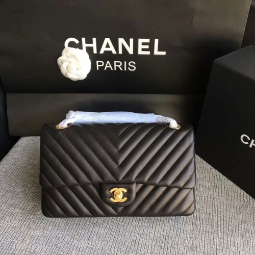 Chanel Flap Schoudertassen Zwart Originele Schapenvacht CF1112 Goud