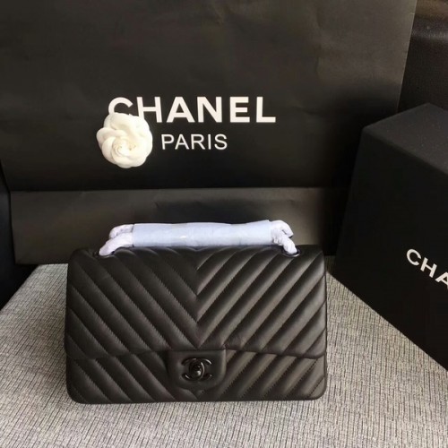 Chanel Flap Schoudertassen Zwart Originele Schapenvacht CF1112