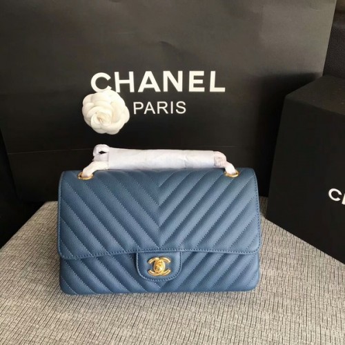 Chanel Flap Schoudertassen Blauw Origineel Kalfsleer CF1112 Goud